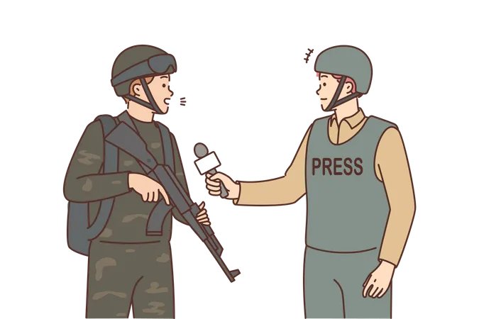 Periodista masculino entrevistando a un soldado en la guerra  Ilustración