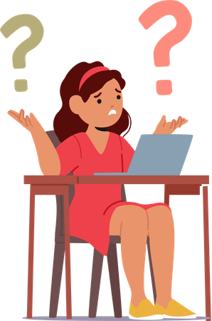 Perplexed Girl Sit At Desk Staring At A Laptop Screen  Illustration