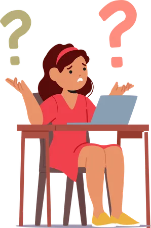 Perplexed Girl Sit At Desk Staring At A Laptop Screen  イラスト