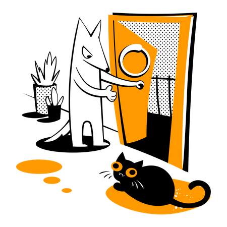 El perro abre la puerta al gato.  Ilustración