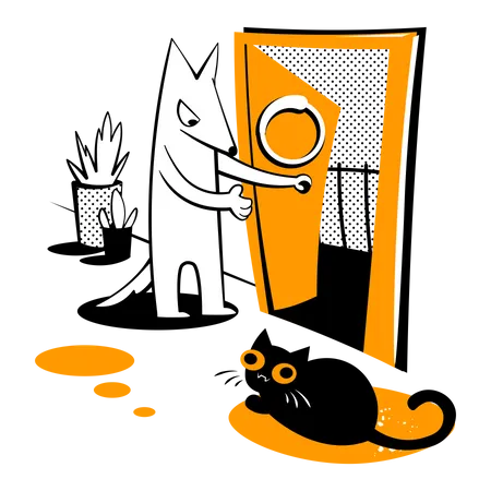 El perro abre la puerta al gato.  Ilustración