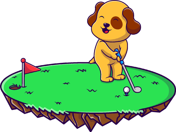 Perro jugando al golf en el césped  Ilustración