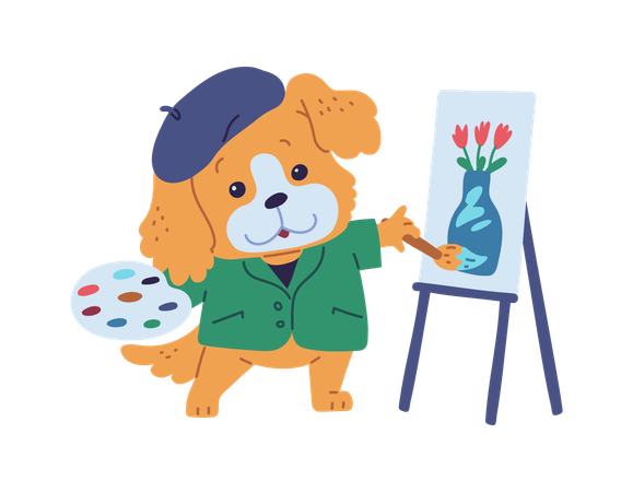 Perro kawaii como artista  Ilustración