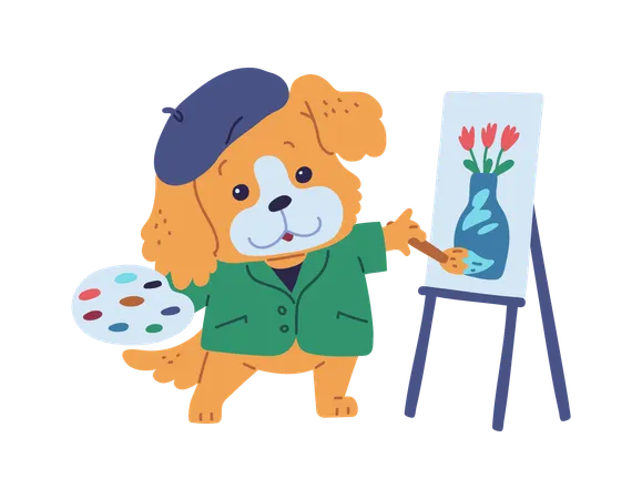 Perro kawaii como artista  Ilustración
