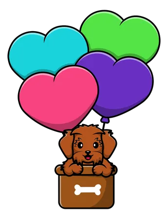 Perro Maltipoo volando con un globo de amor  Ilustración