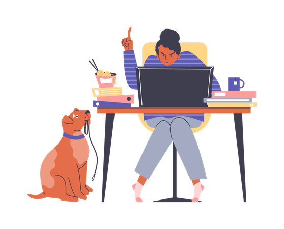 Perro mascota sosteniendo la correa entre los dientes y esperando a que la chica termine el trabajo  Ilustración