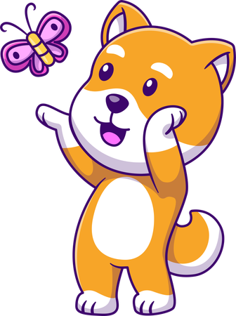 Perro Shiba Inu atrapando mariposas  Ilustración