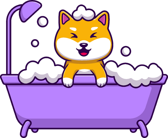 Perro Shiba Inu bañándose en la bañera  Ilustración