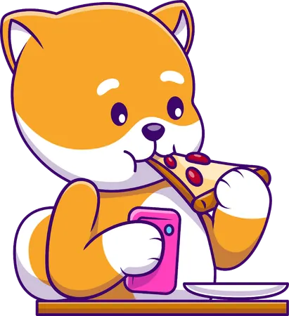 Perro Shiba Inu comiendo una porción de pizza  Ilustración