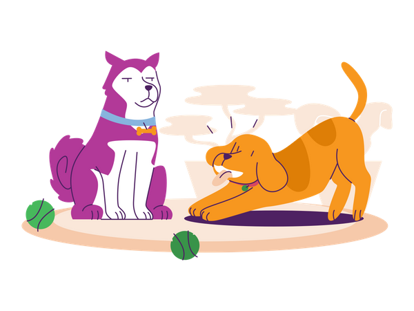 Perros jugando con pelota de lana.  Ilustración