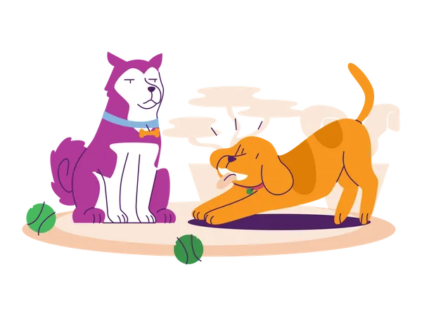 Perros jugando con pelota de lana.  Ilustración