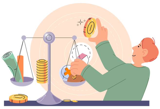 Person analyzes profit weighing earnings on scales  Illustration
