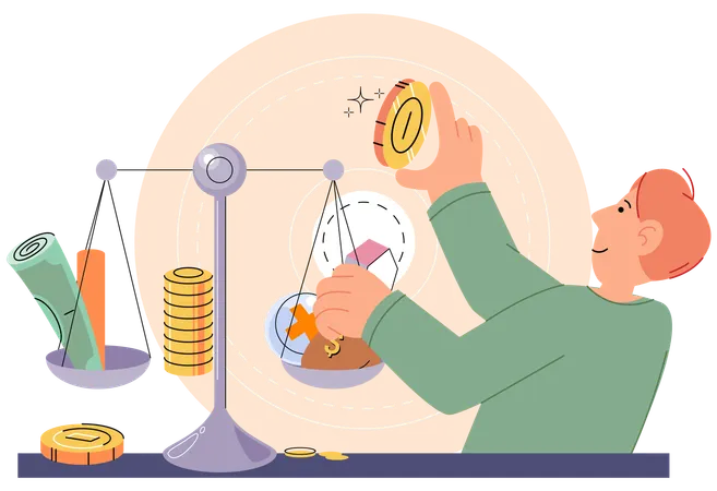 Person analyzes profit weighing earnings on scales  Illustration