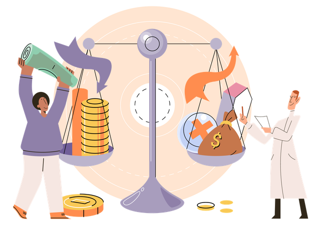 Person analyzes profit weighing earnings on scales  Illustration