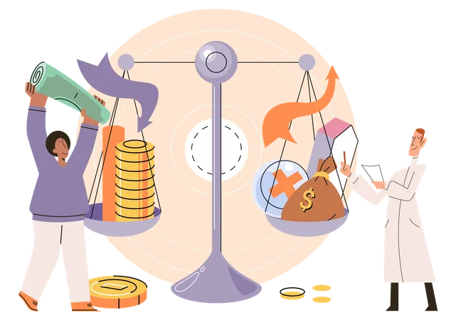 Person analyzes profit weighing earnings on scales  Illustration