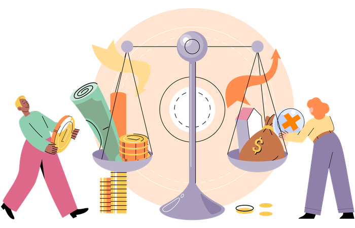 Person analyzes profit weighing earnings on scales  Illustration