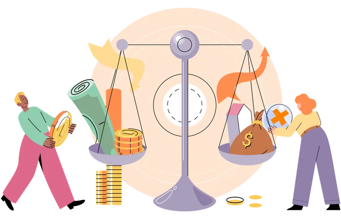 Person analyzes profit weighing earnings on scales  Illustration