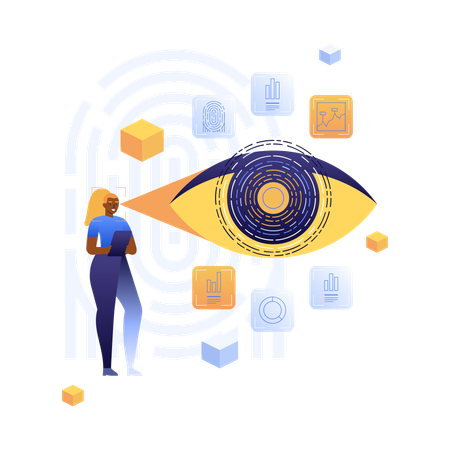 Person analyzing data with digital eye and fingerprint patterns  Illustration