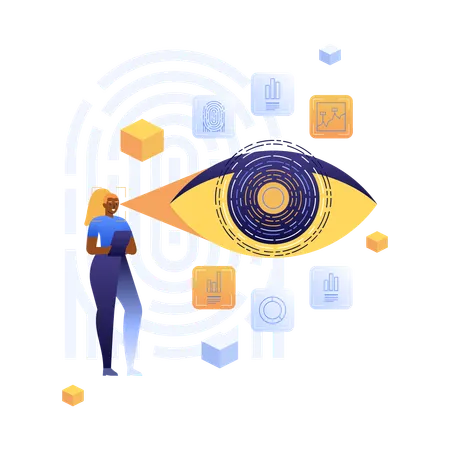 Person analyzing data with digital eye and fingerprint patterns  Illustration