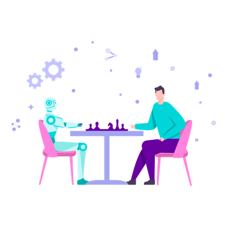 Person and a robot are playing a chess game together at a table  Illustration