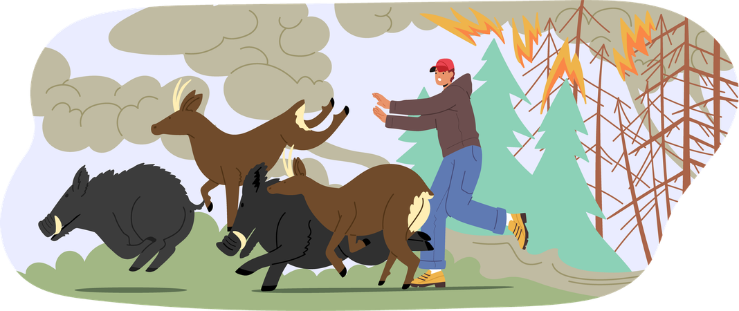 Person And Deer Spreading Forest Fire Highlights  Illustration