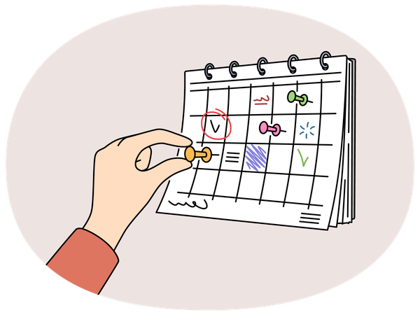Person attach pin on month calendar  Illustration