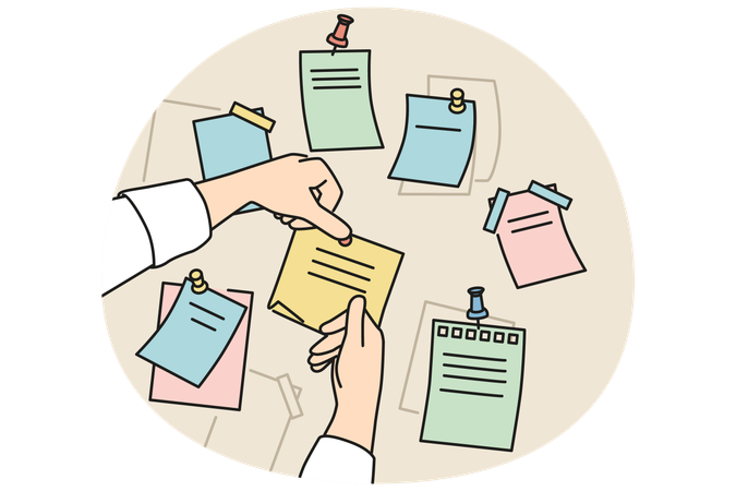 Person attach sticky notes to board  Illustration