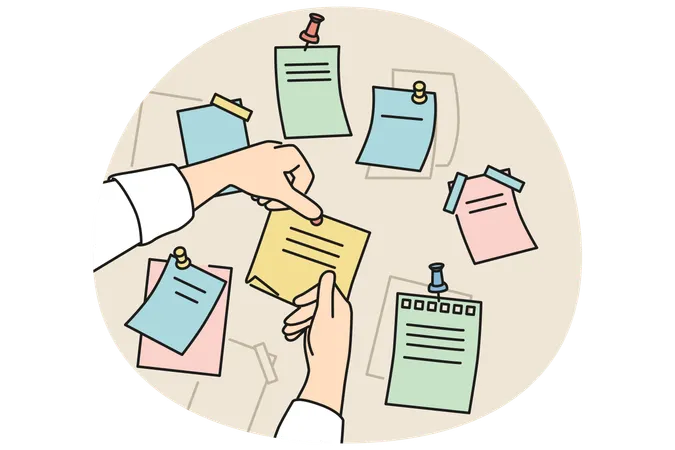 Person attach sticky notes to board  Illustration