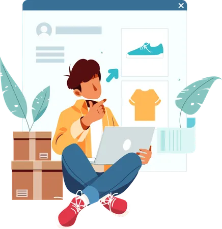 Person Browsing an Online Store and Selecting Desired Items  Illustration