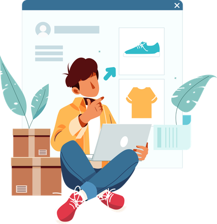 Person Browsing an Online Store and Selecting Desired Items  Illustration