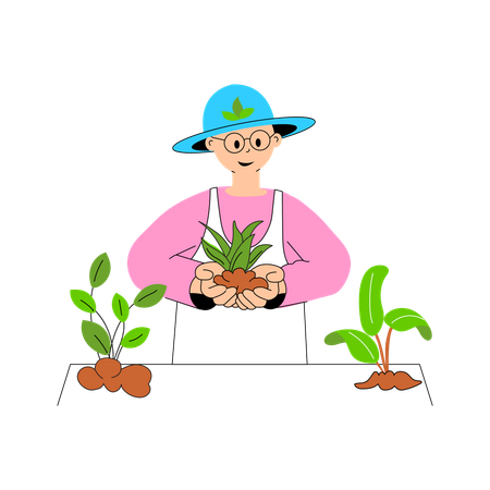 献身的に植物を世話する人  イラスト