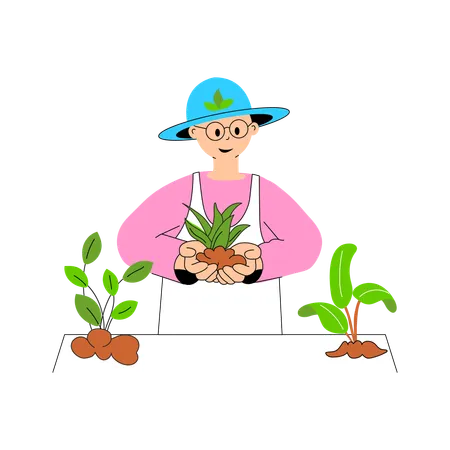 献身的に植物を世話する人  イラスト