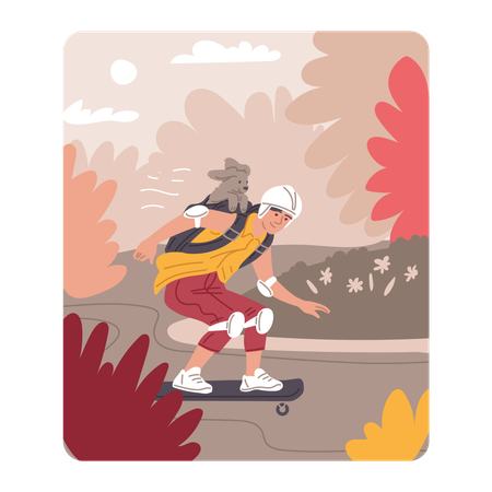 Person carries pets cage backpack rides skate  Illustration