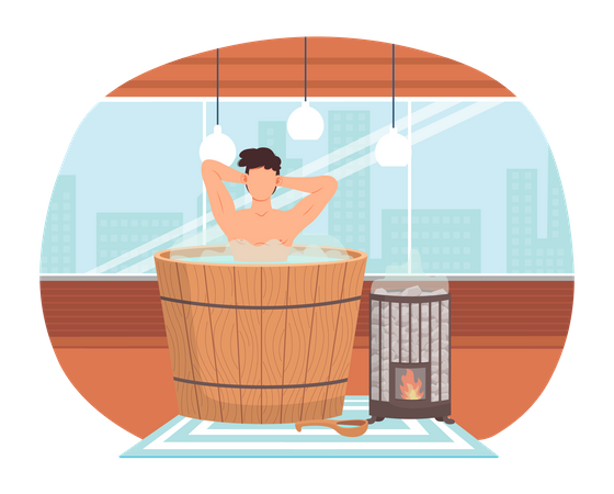 Person cleans skin in water heated by fire device in sauna. Young man is sitting in barrel Illustration