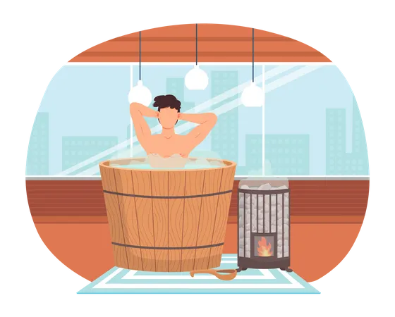 Person cleans skin in water heated by fire device in sauna. Young man is sitting in barrel Illustration