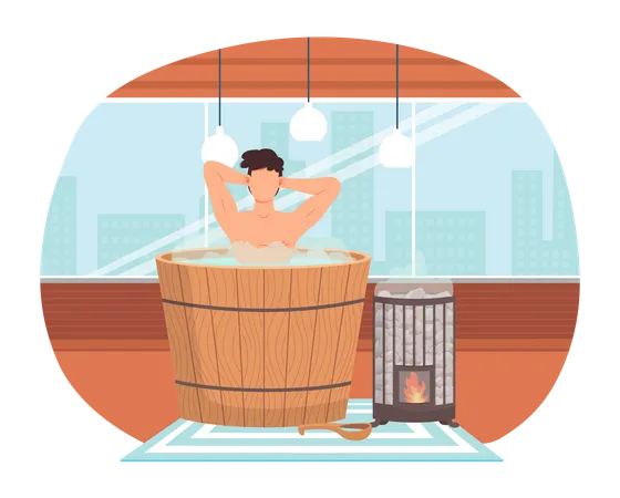 Person cleans skin in water heated by fire device in sauna. Young man is sitting in barrel  Illustration