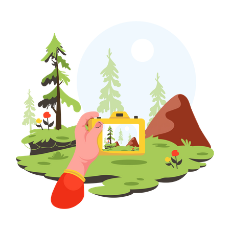 Person clicking picture of camping location  Illustration