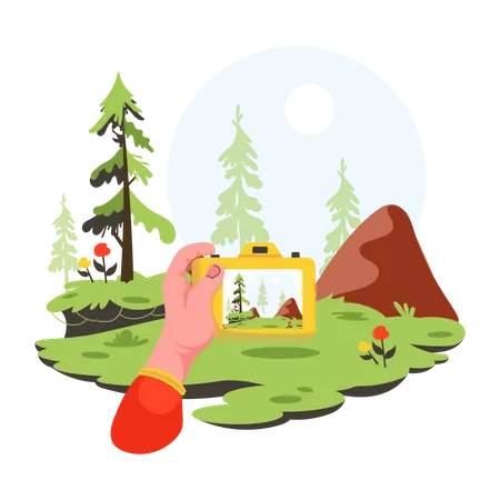 Person clicking picture of camping location  Illustration