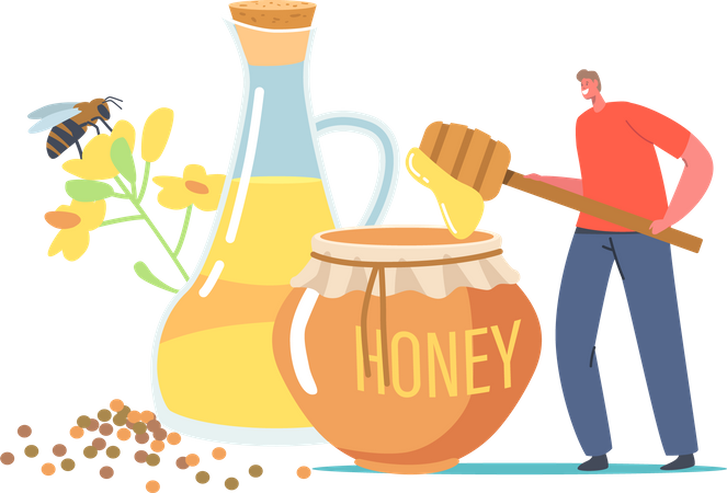 Person collecting fresh honey and packing jar Illustration