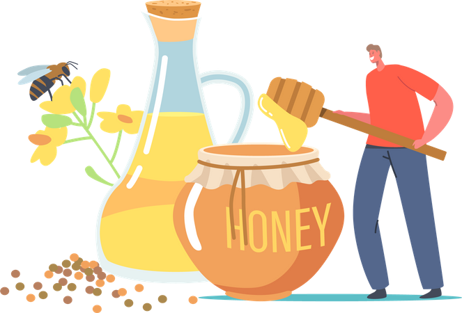 Person collecting fresh honey and packing jar  Illustration