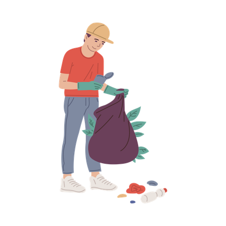 Person collecting garbage into trash bag  Illustration