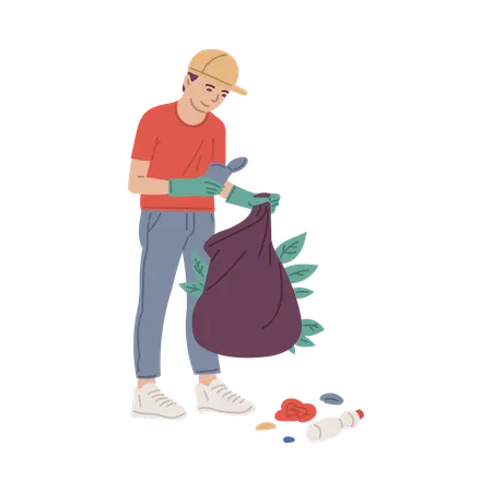 Person collecting garbage into trash bag  Illustration