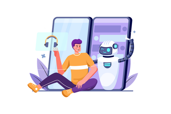 Person communicating with artificial intelligent chatbot  Illustration