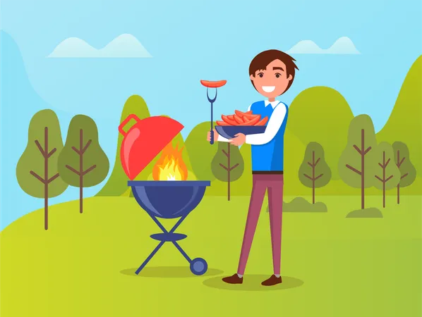 Man Making Sausages On Grill Boy Full Length View In Casual Clothes Holding Bowl With Meat Smiling Male Cooking Outdoor Green Park Or Forest Vector 일러스트레이션