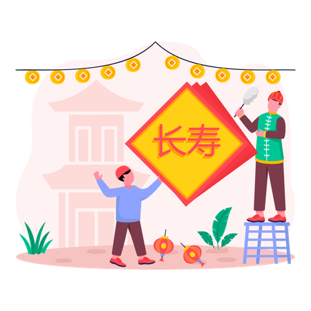 Person decorating street with flags and bunting while standing on ladder  Illustration