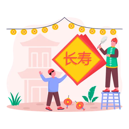 Person decorating street with flags and bunting while standing on ladder  Illustration