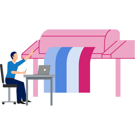 Person, die am digitalen CMYK-Offset-Grafikdruck arbeitet  Illustration