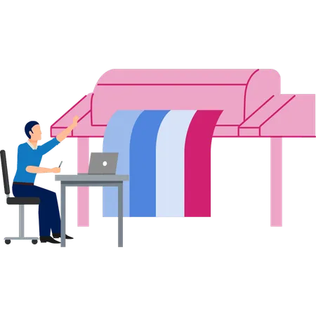 Person, die am digitalen CMYK-Offset-Grafikdruck arbeitet  Illustration