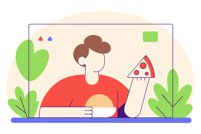 Person eating pizza and salad  Illustration