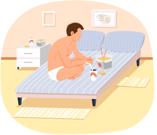 Person eating wok noodles and drinking soda in bedroom  Illustration